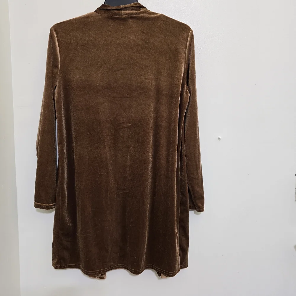 HIPSTER ROW size XL Draping Open Front Velour Cardigan Front Patch Pockets Brown